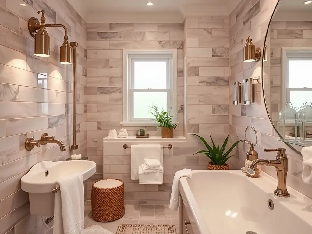 A cozy, renovated bathroom showcasing elegant fixtures and contemporary design.