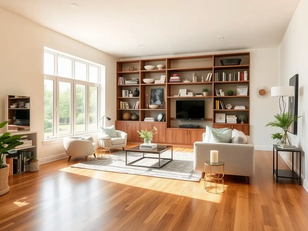 A modern living room with new flooring and custom shelving.